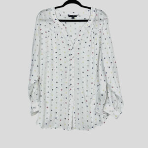 Zac & Rachel White Novelty Star Print Long Tab Sleeve Button Top Women's Size 2X